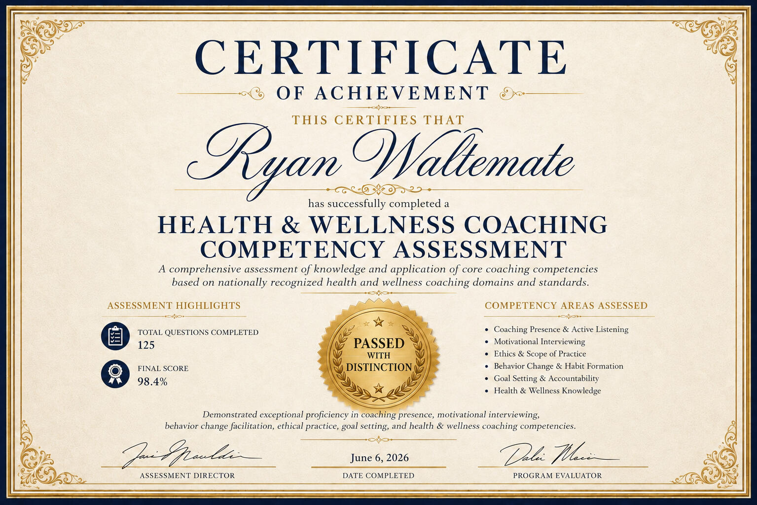 Ryan Waltemate Health and Wellness Coaching Competency Assessment certificate showing coaching knowledge and application assessment